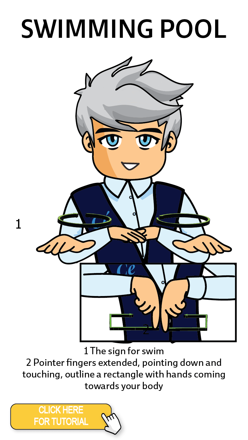 The Cérge character performing sign language for the word Swimming Pool. The Keyword Sign instructions are: 1. The sign for swim. 2. Pointer fingers extended, pointing down and touching, outline a rectangle with hands coming towards your body.